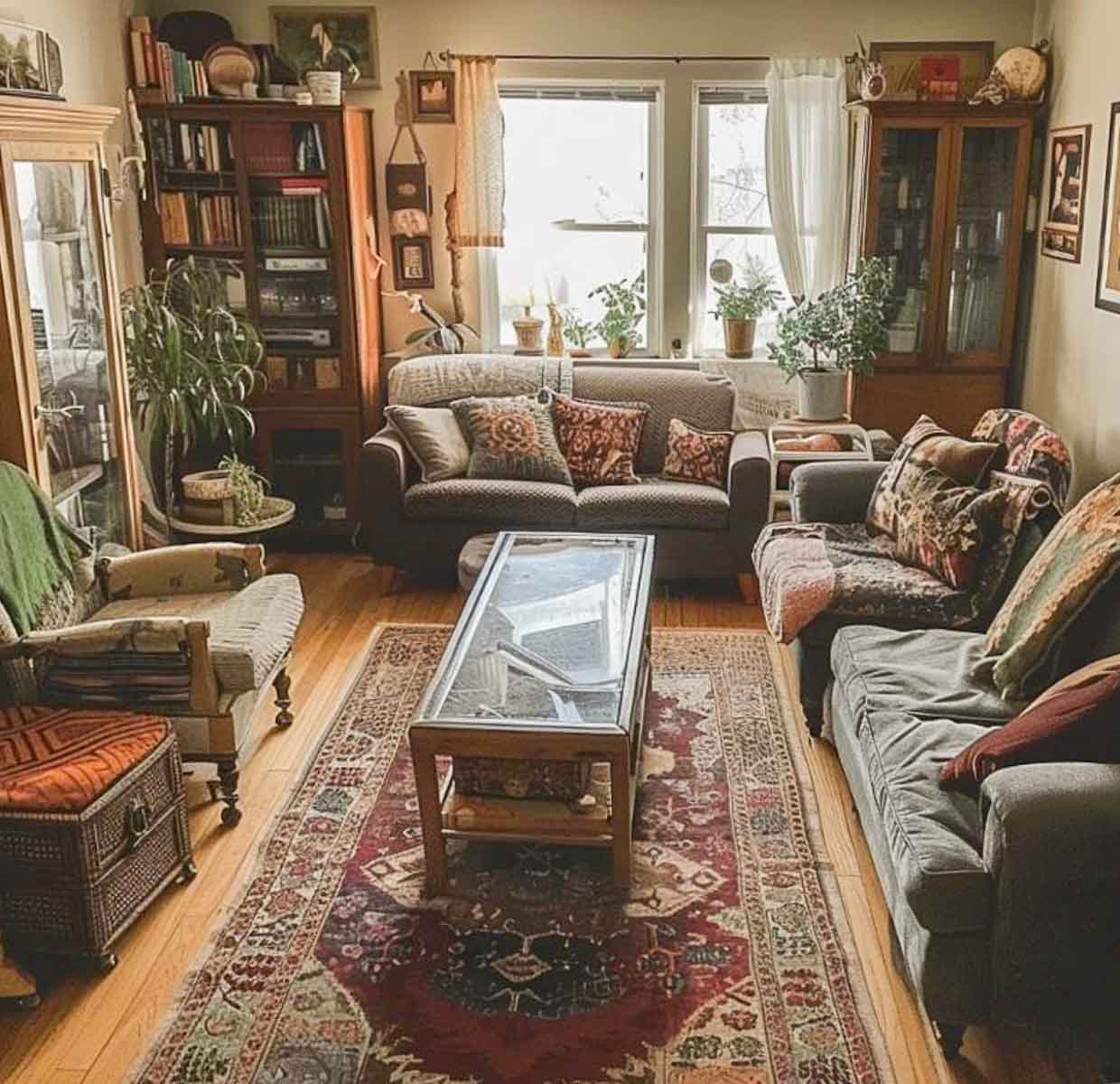 a casually decorated and furnished living room 