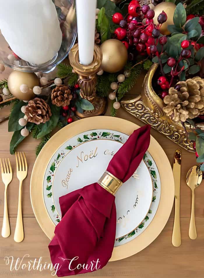 burgundy and gold Christmas place setting