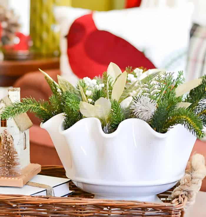 WHITE Decorative bowl filled with winter greens