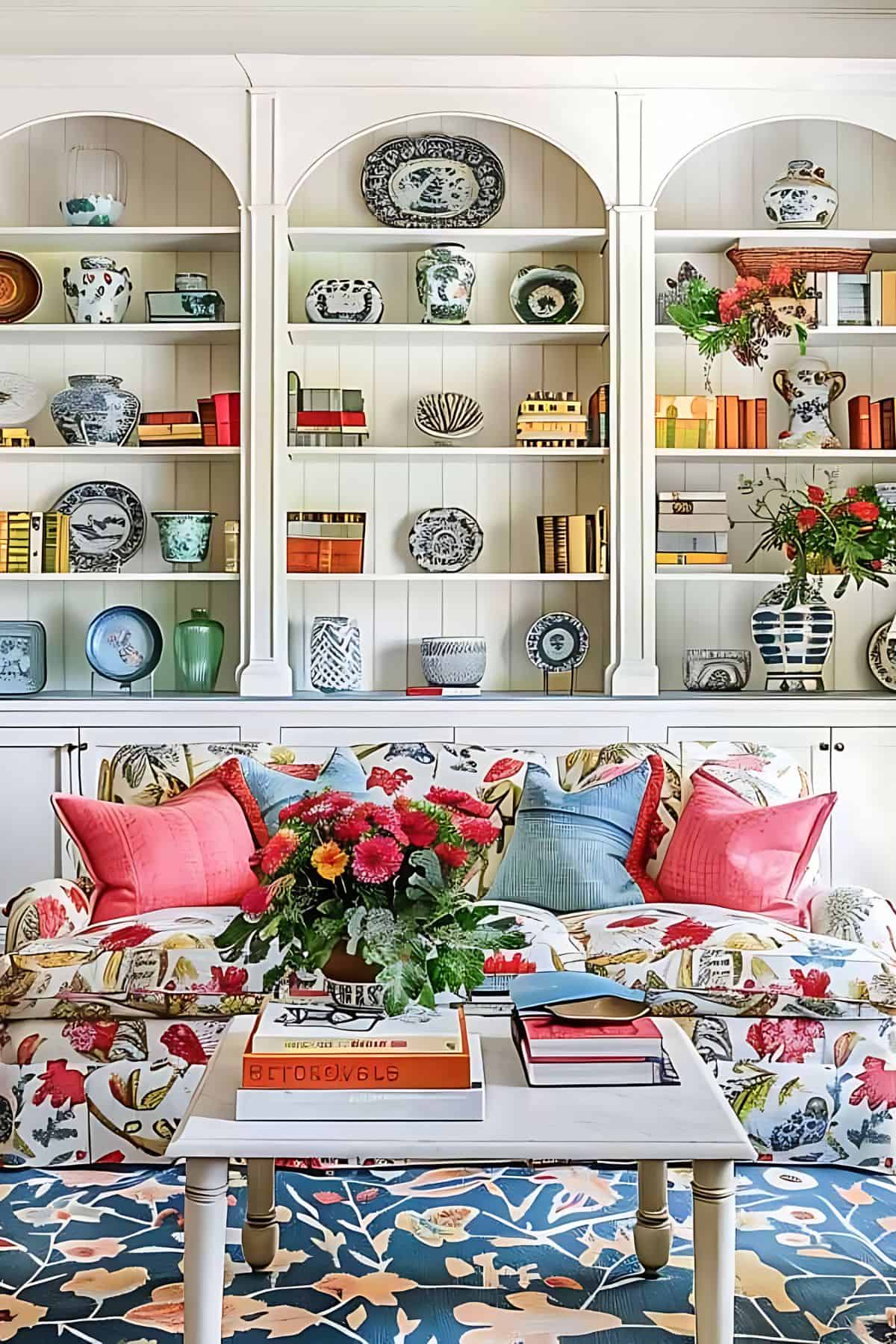 white bookcase decorated with colorful accessories behind a colorful sofa