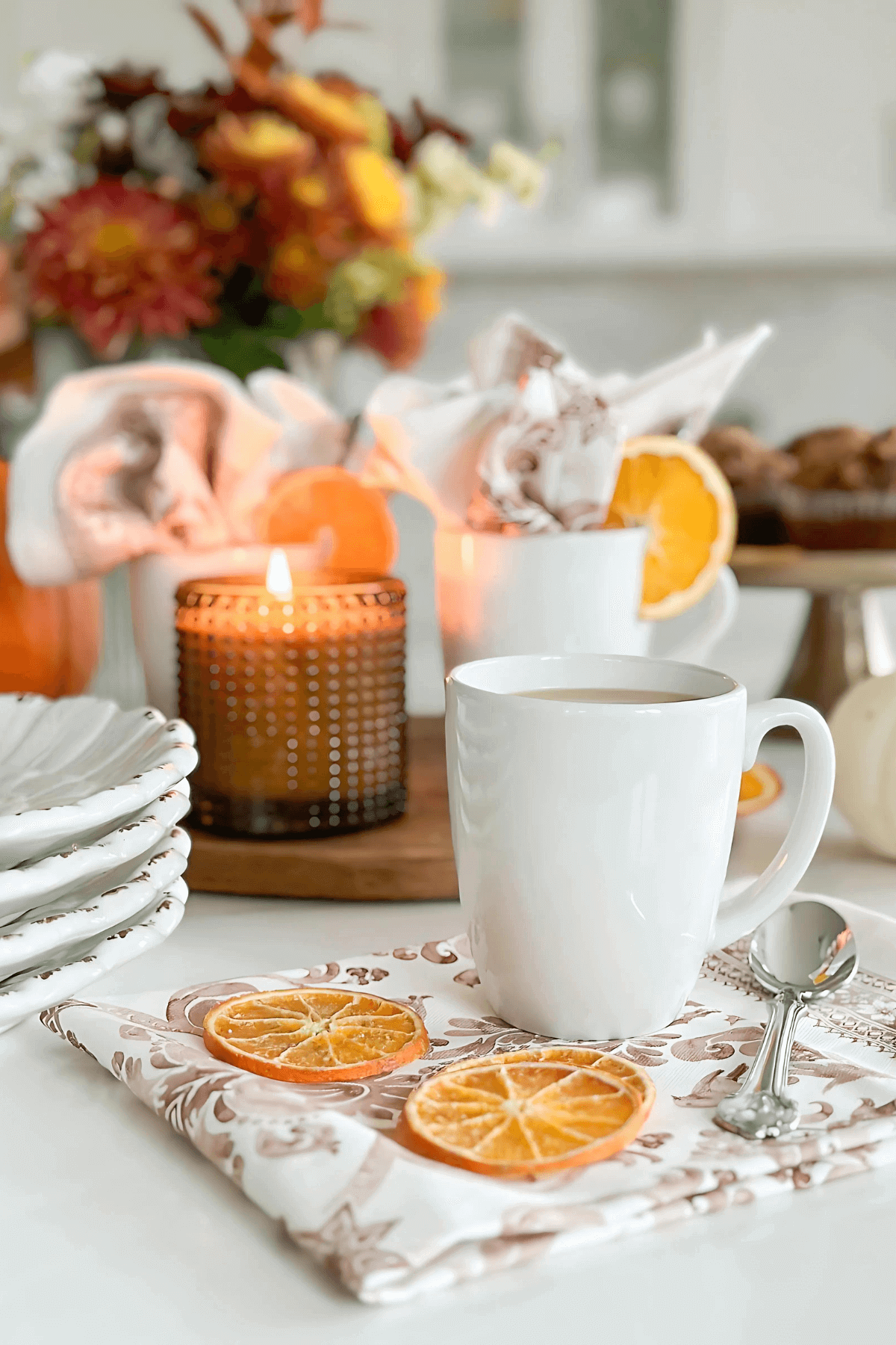 Thanksgiving morning coffee bar with white dishes