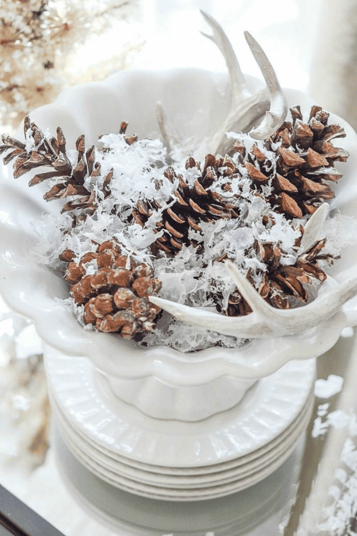 white bowl filled with pinecones and fake snow