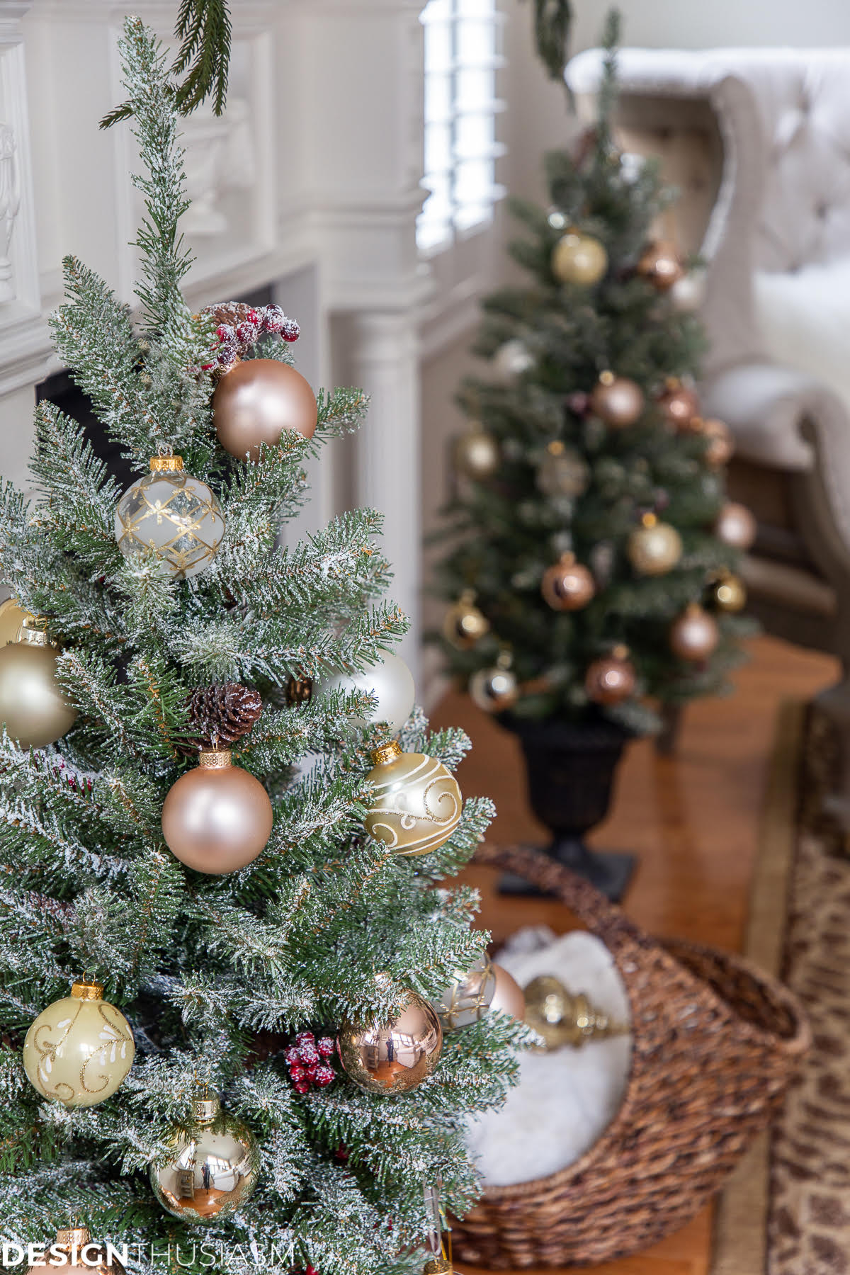 mini Christmas trees with gold ornaments on a porch