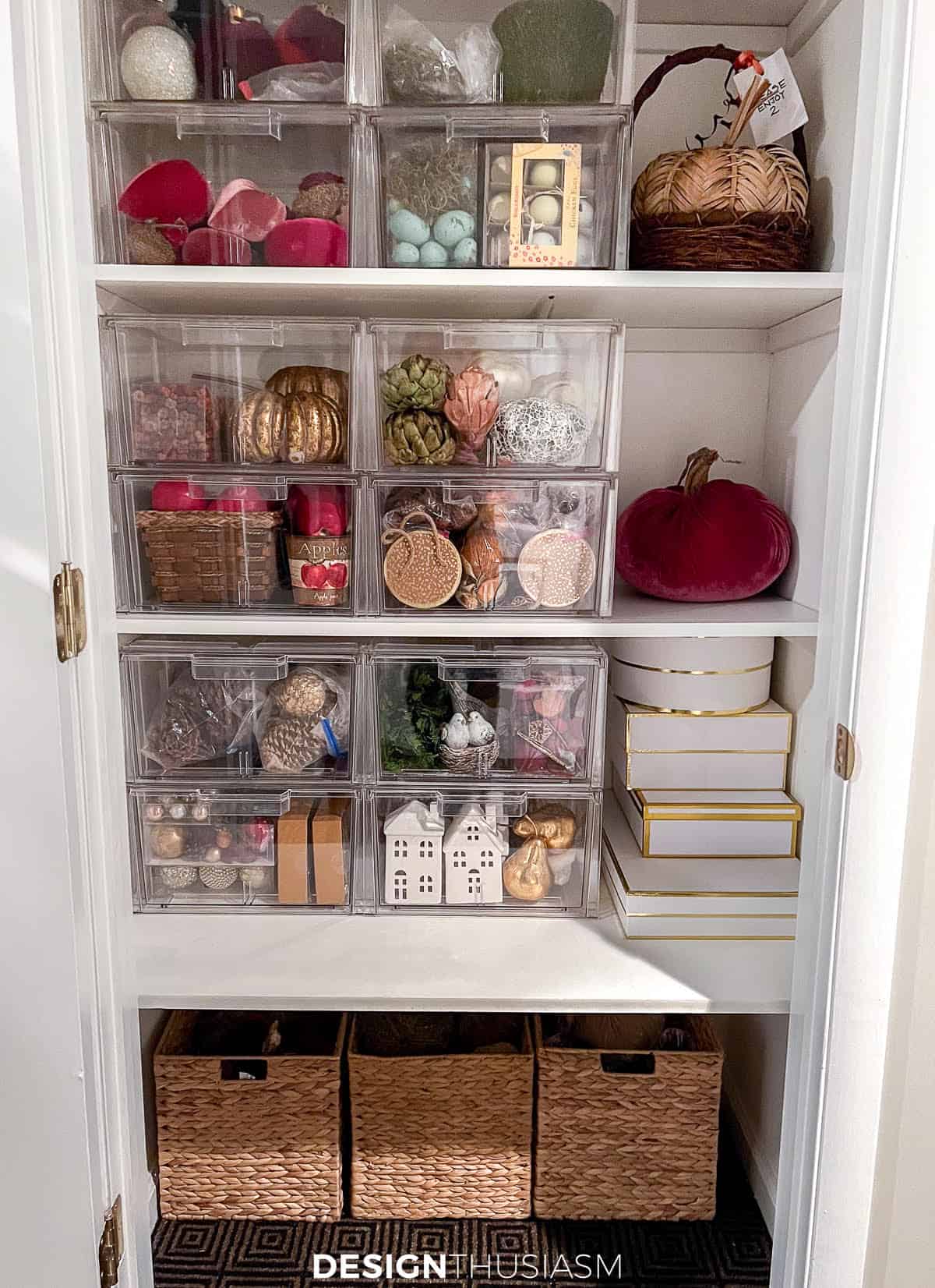 interior of a storage closet with holiday decorations