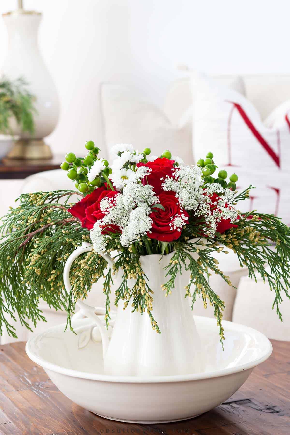 Christmas centerpiece with greenery