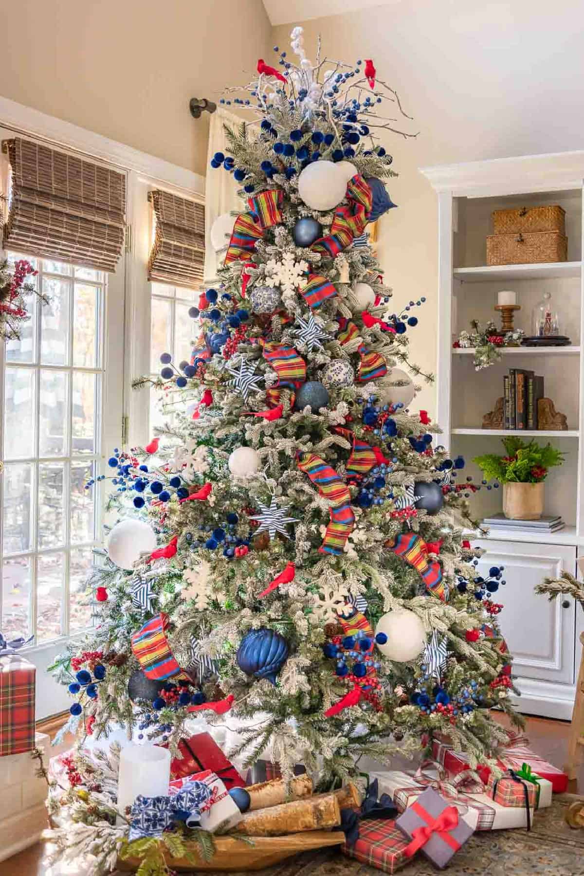 Christmas tree decorated with red, white and blue