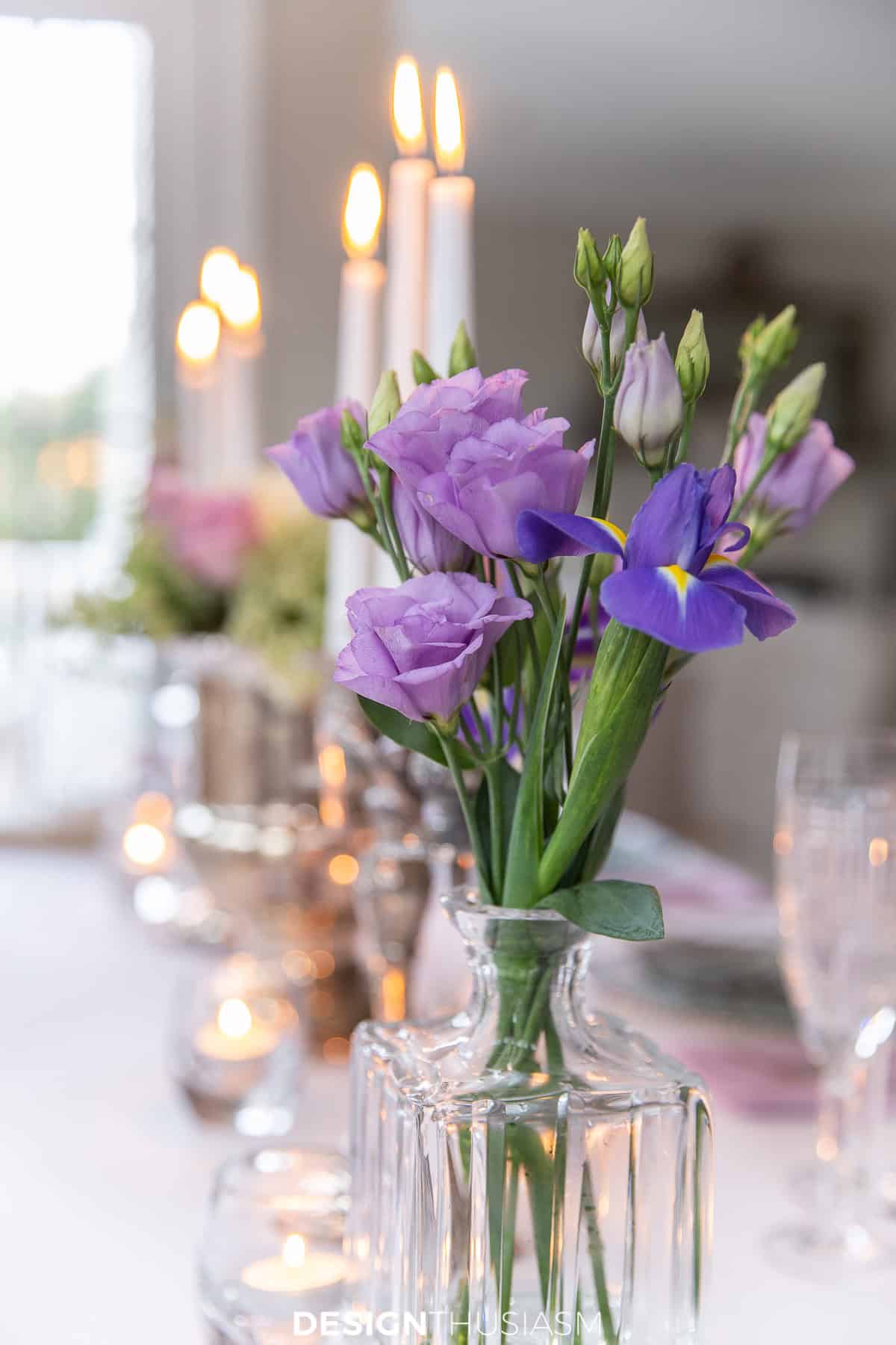 purple flower arrangement on a dining tablescape