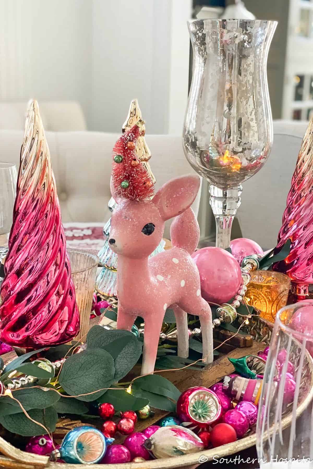 pink reindeer and Christmas tree vignette