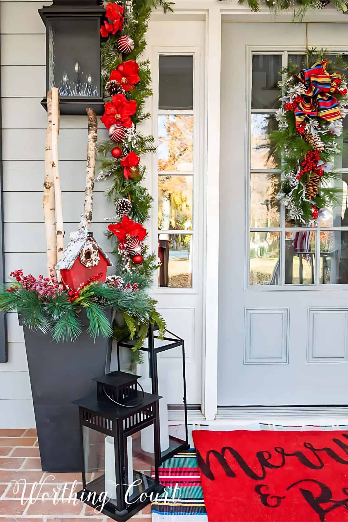 front porch decorated for Christmas