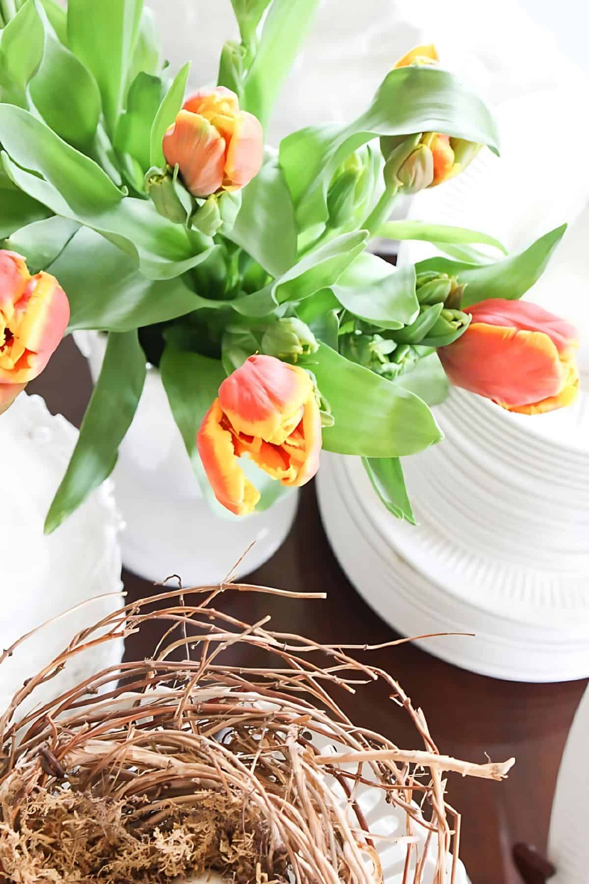 peach colored tulips in a white vase