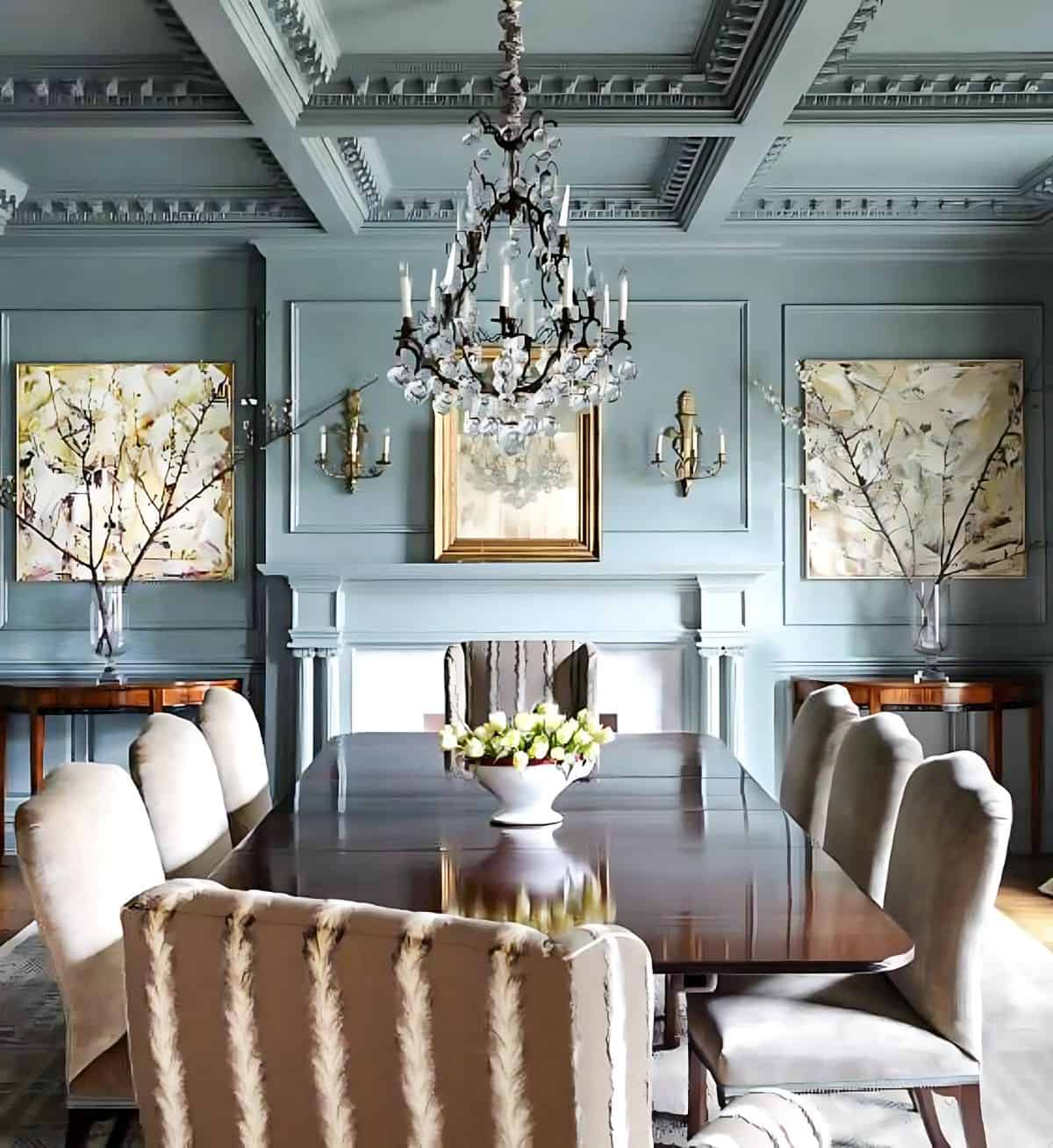 grayish blue dining room with traditional furniture and a crystal chandelier