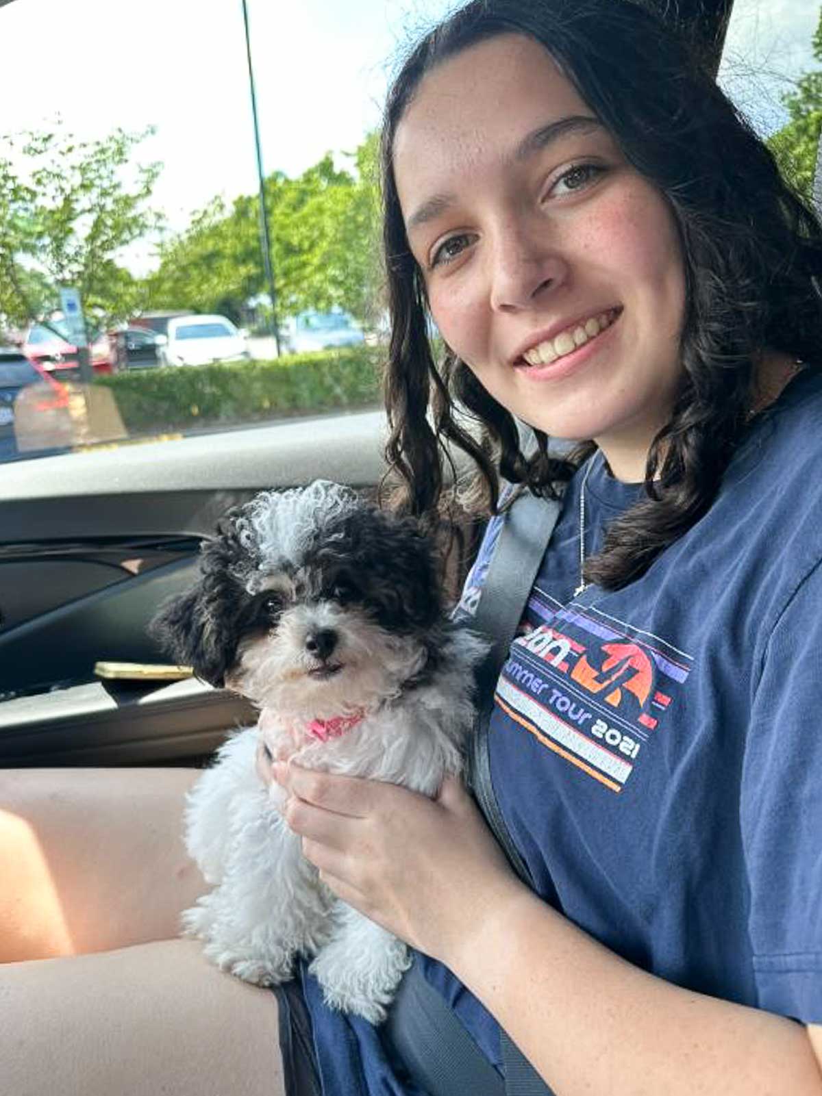 girl in a car holding a cute small black and white dog in her lap