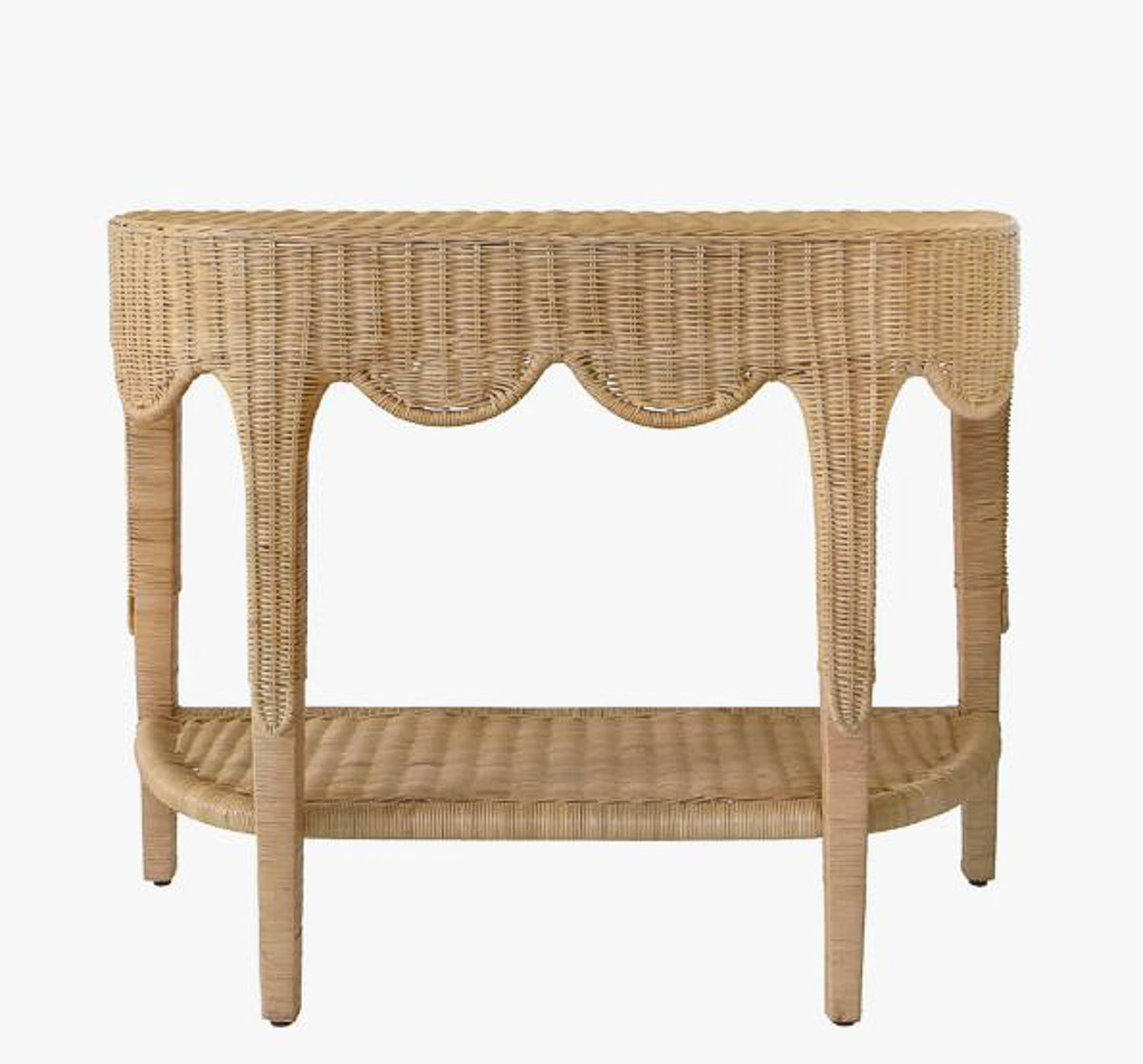 wicker console table with a scalloped edge