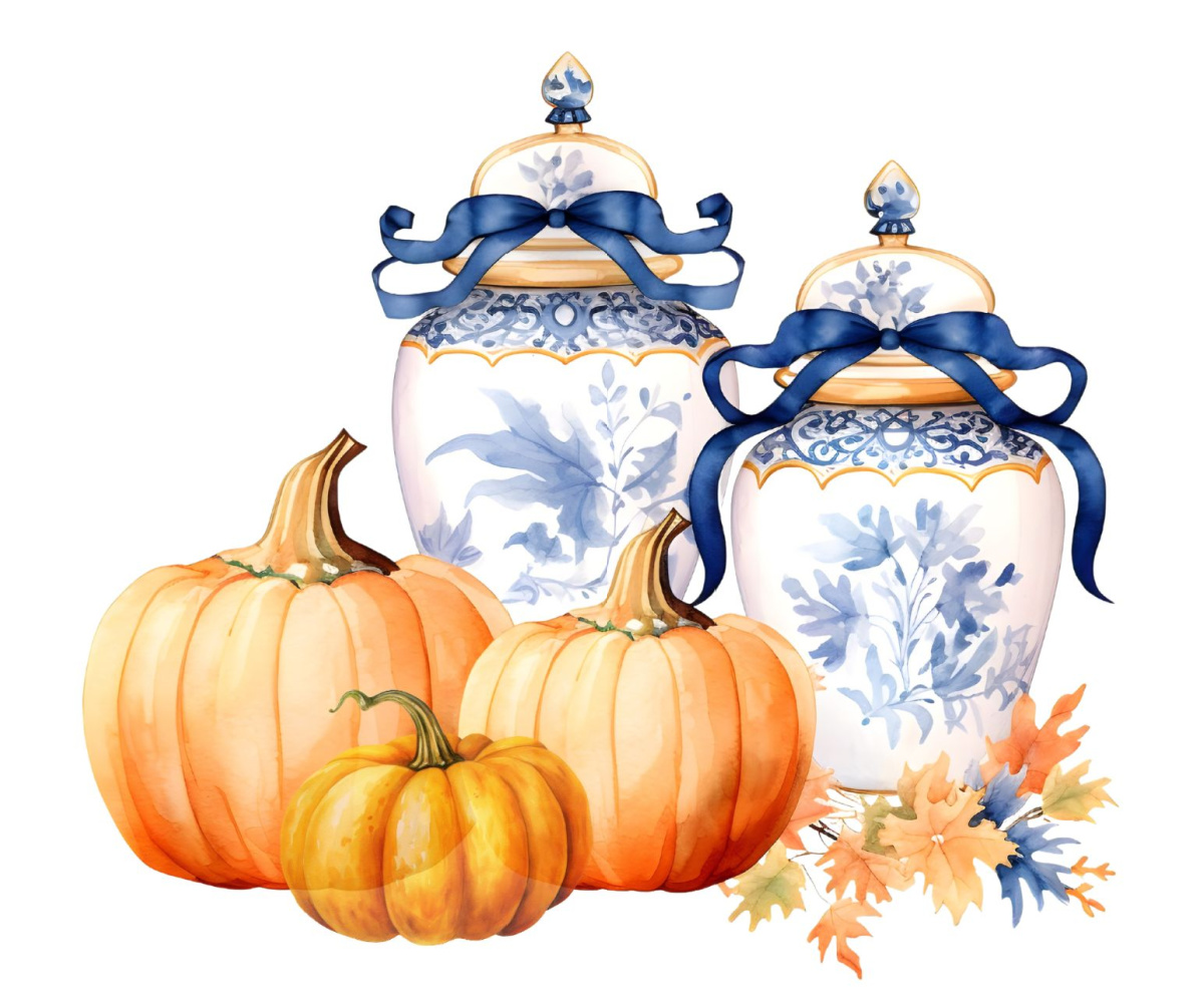 graphic image of three ginger jars and three pumpkins