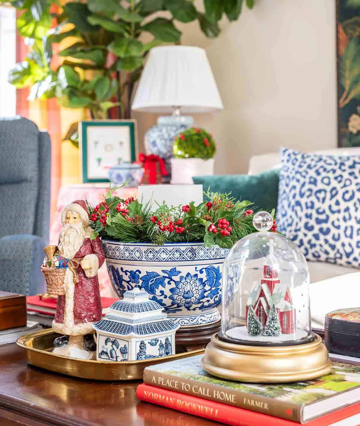 coffee table decorated for Christmas