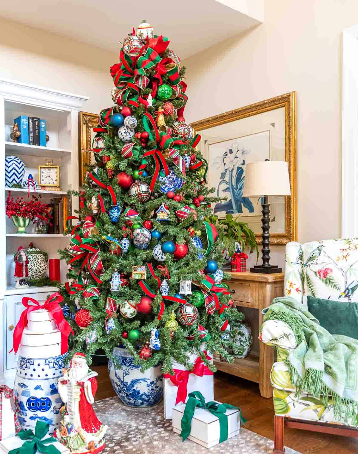 traditional red and green  Christmas tree with blue and white chinoiserie accents