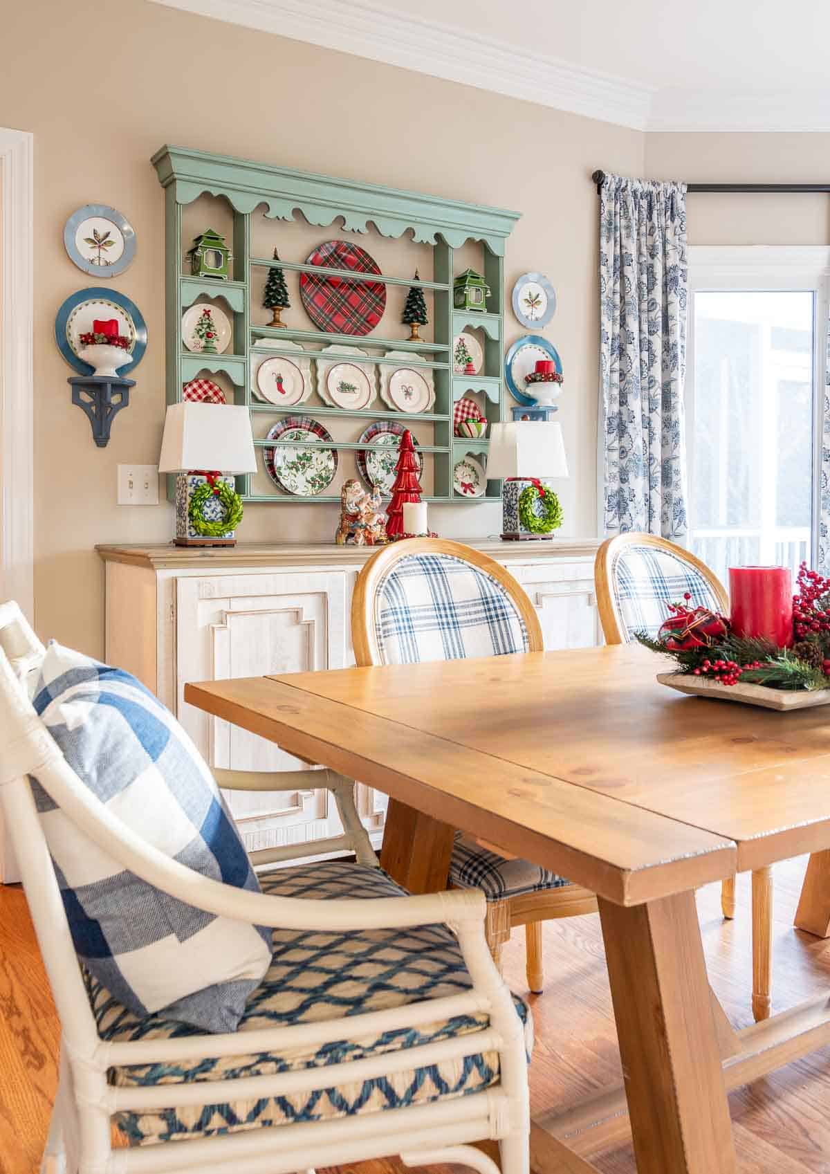 plate rack in a breakfast room decorated for Christmas