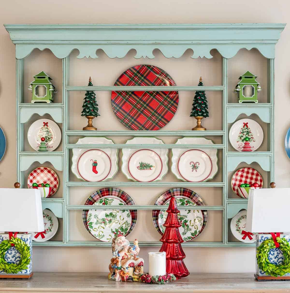 plate rack in a breakfast room decorated for Christmas