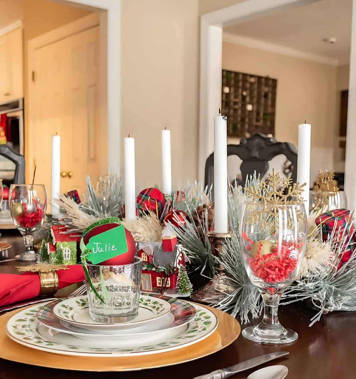 Christmas tablescape with white candles