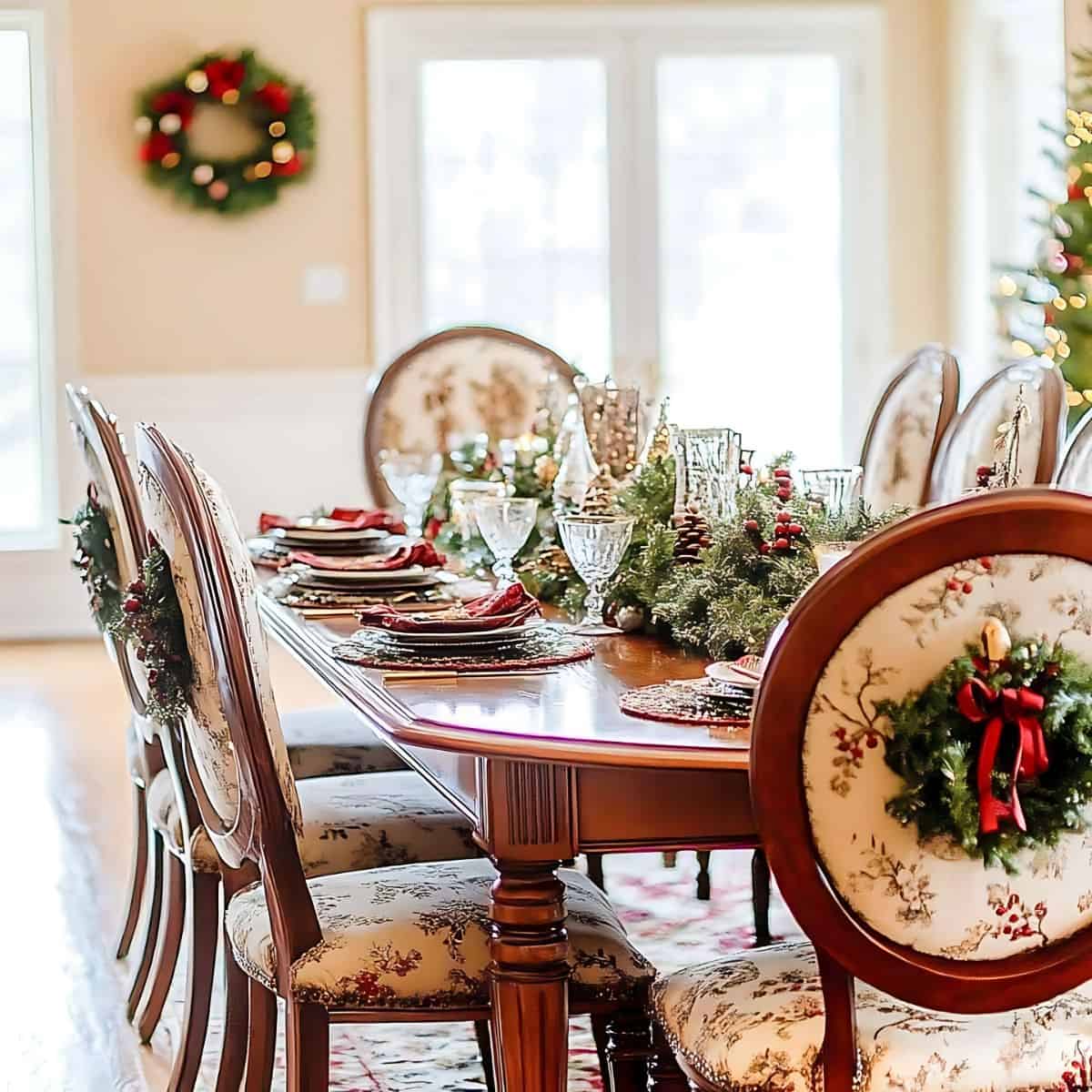 dining room decorated for Christmas with wreaths on the chair backs