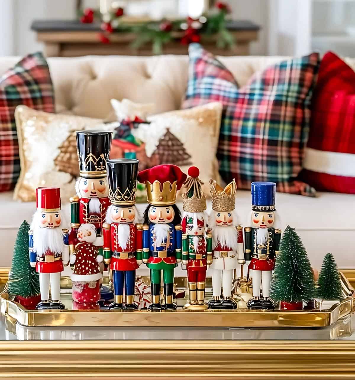 collection of soldier nutcrackers on a tray on a glass coffee table