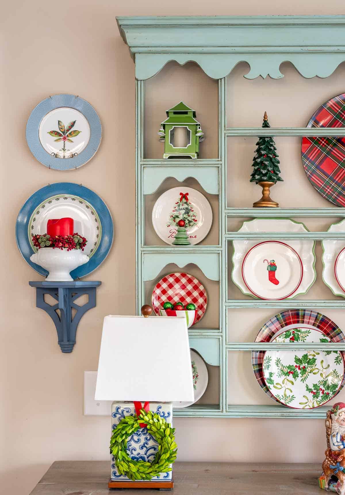 plate rack in a breakfast room decorated for Christmas