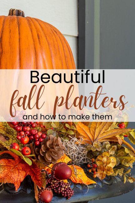 pinterest image for beautiful fall front porch planter ideas