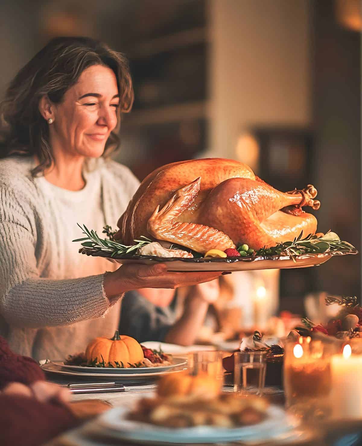 woman bringing a whole cooked turkey to the table on a platter