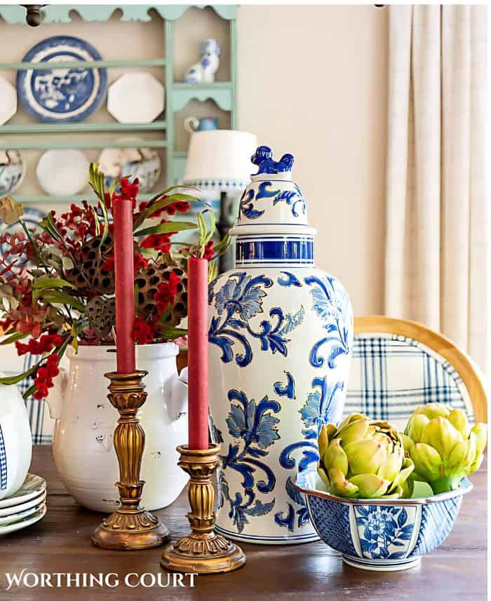 fall centerpiece with blue and white accessories