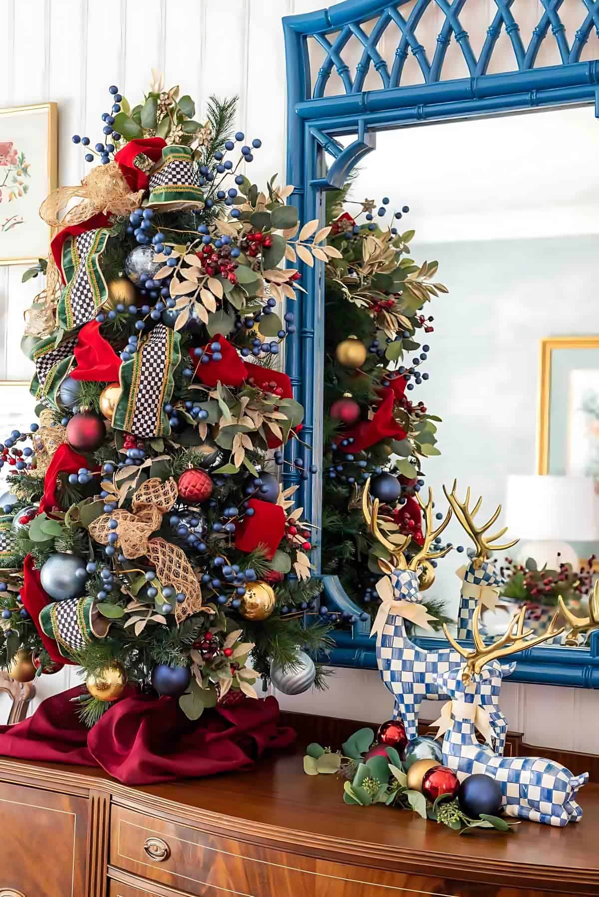 tabletop Christmas tree on a dining room buffet