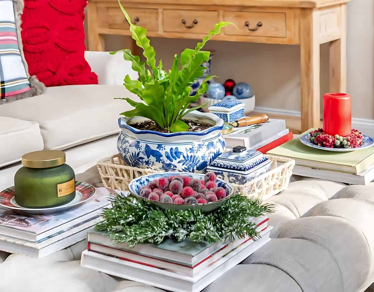 Christmas vignette on an upholstered coffee table