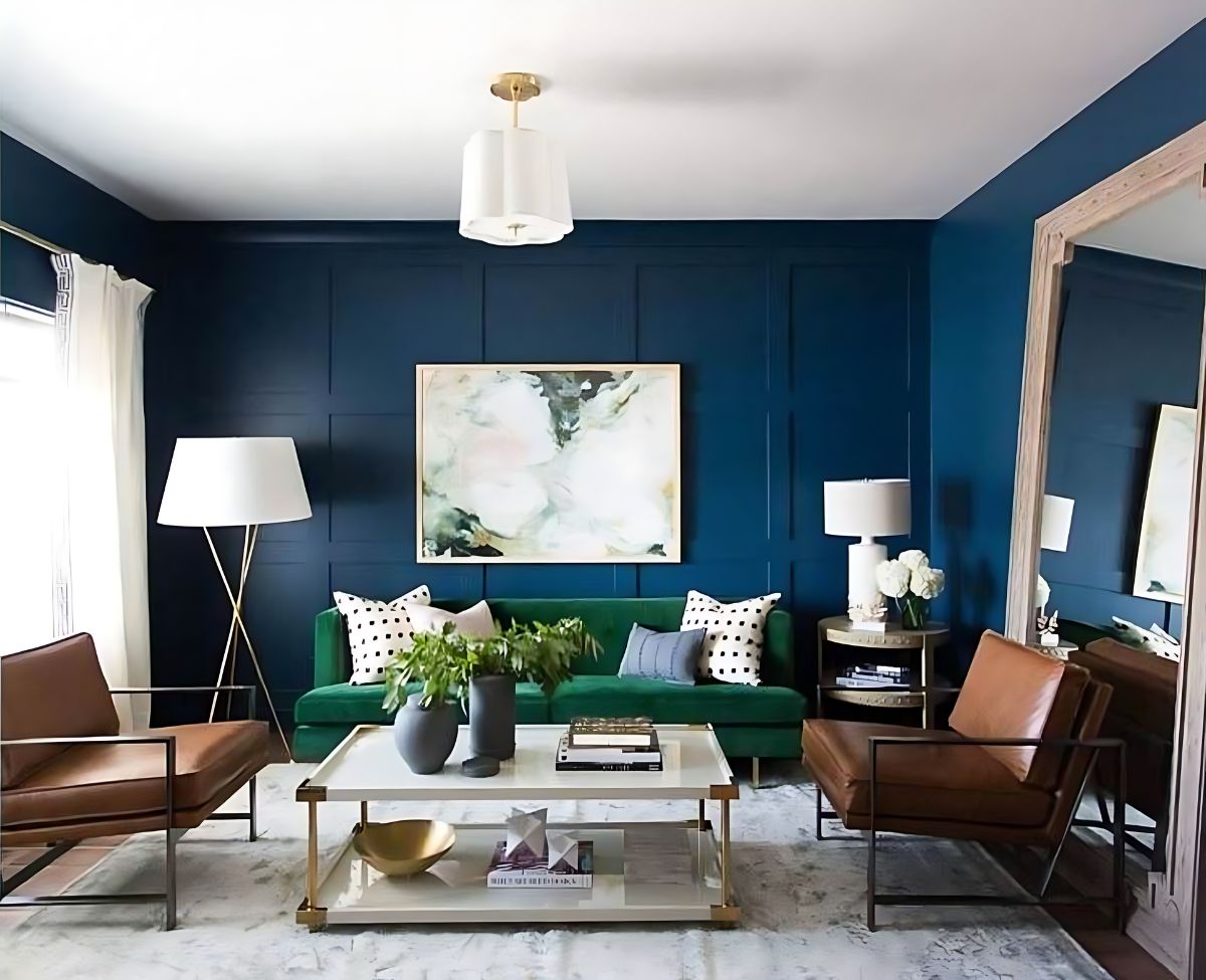 cozy living room with dark blue walls