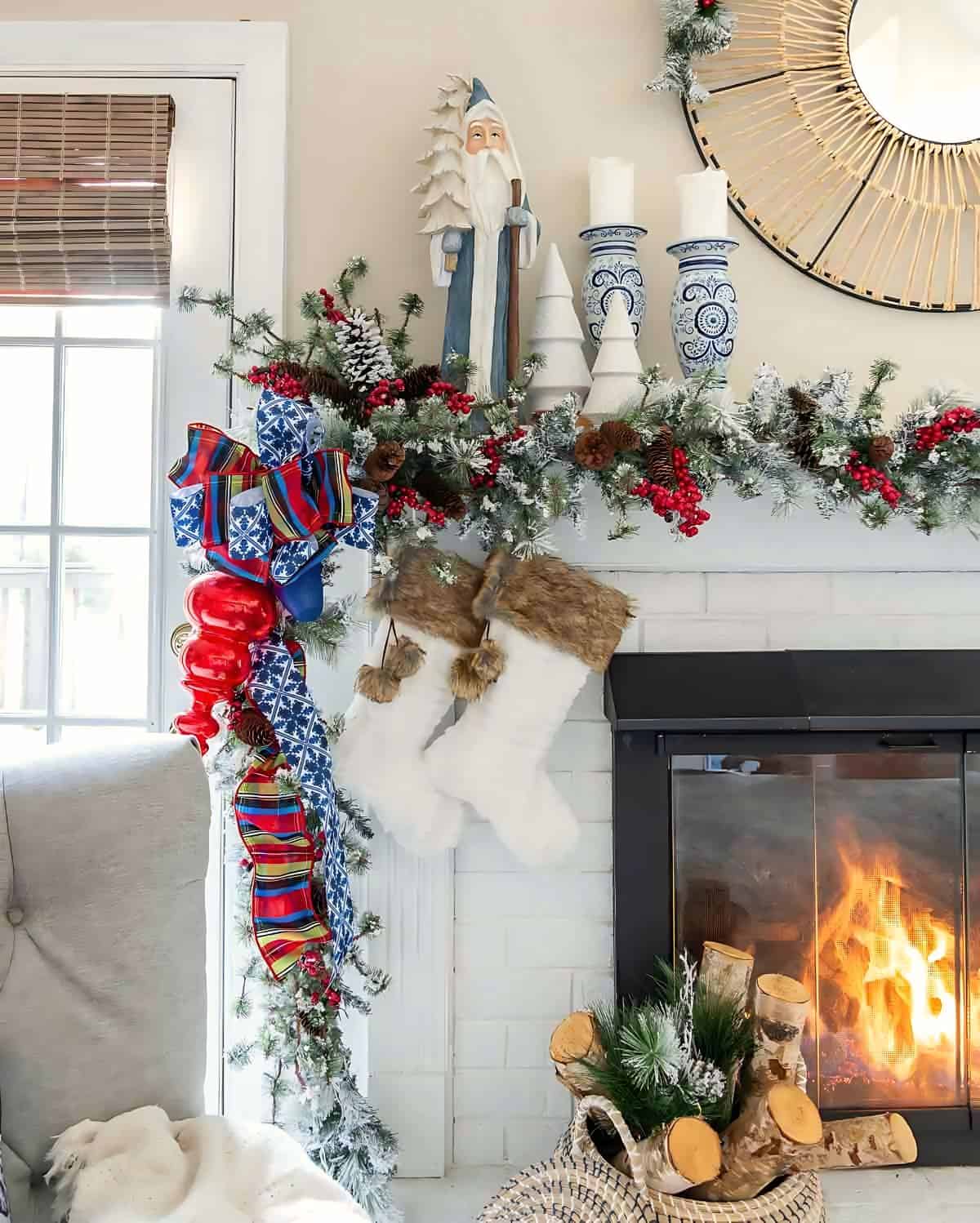 mantel garland with blue, white and red Christmas decor