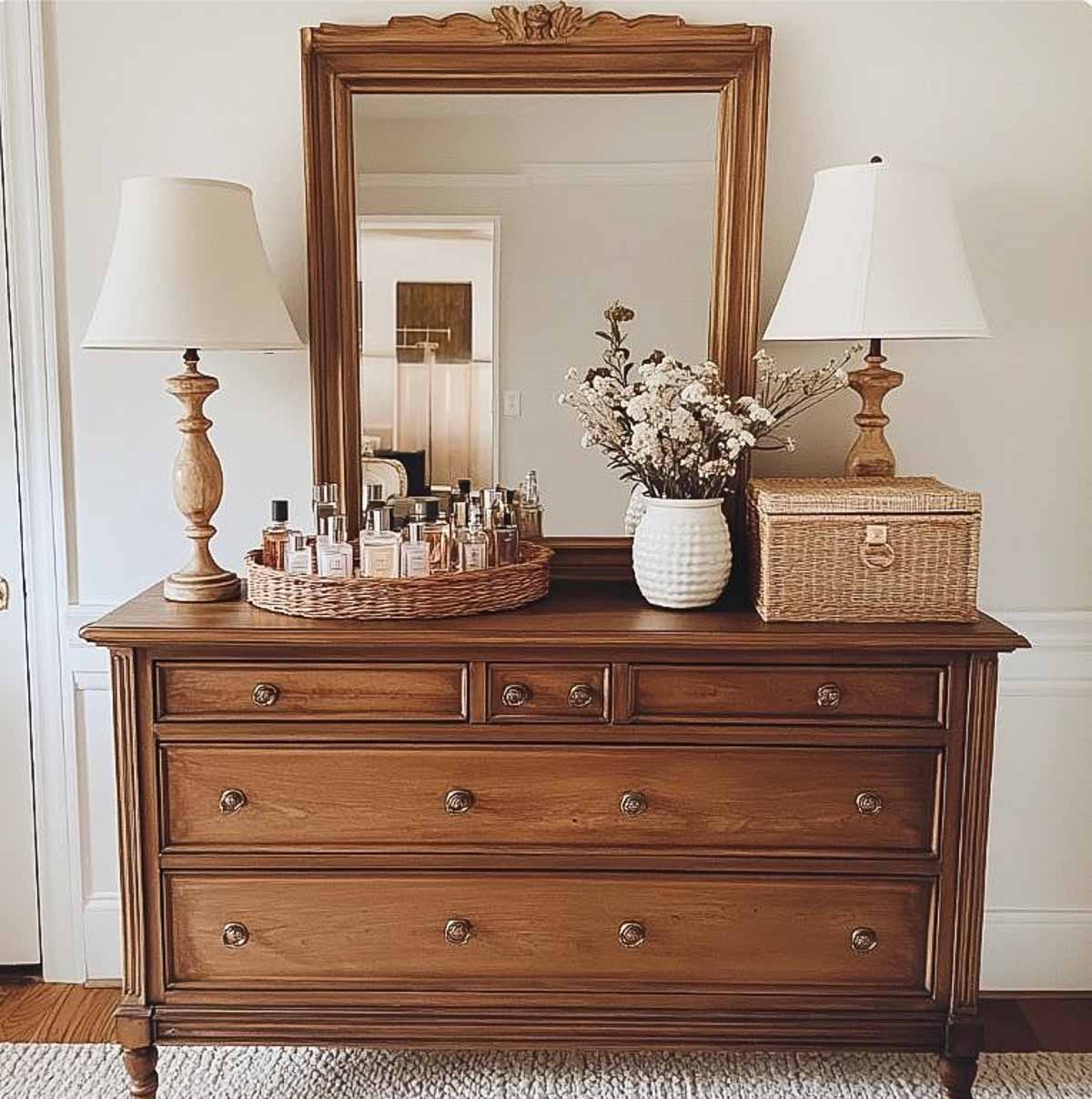 brown wood dresser with a mirror above it with a pair of matching lamps and a round tray holding a collection of perfumes