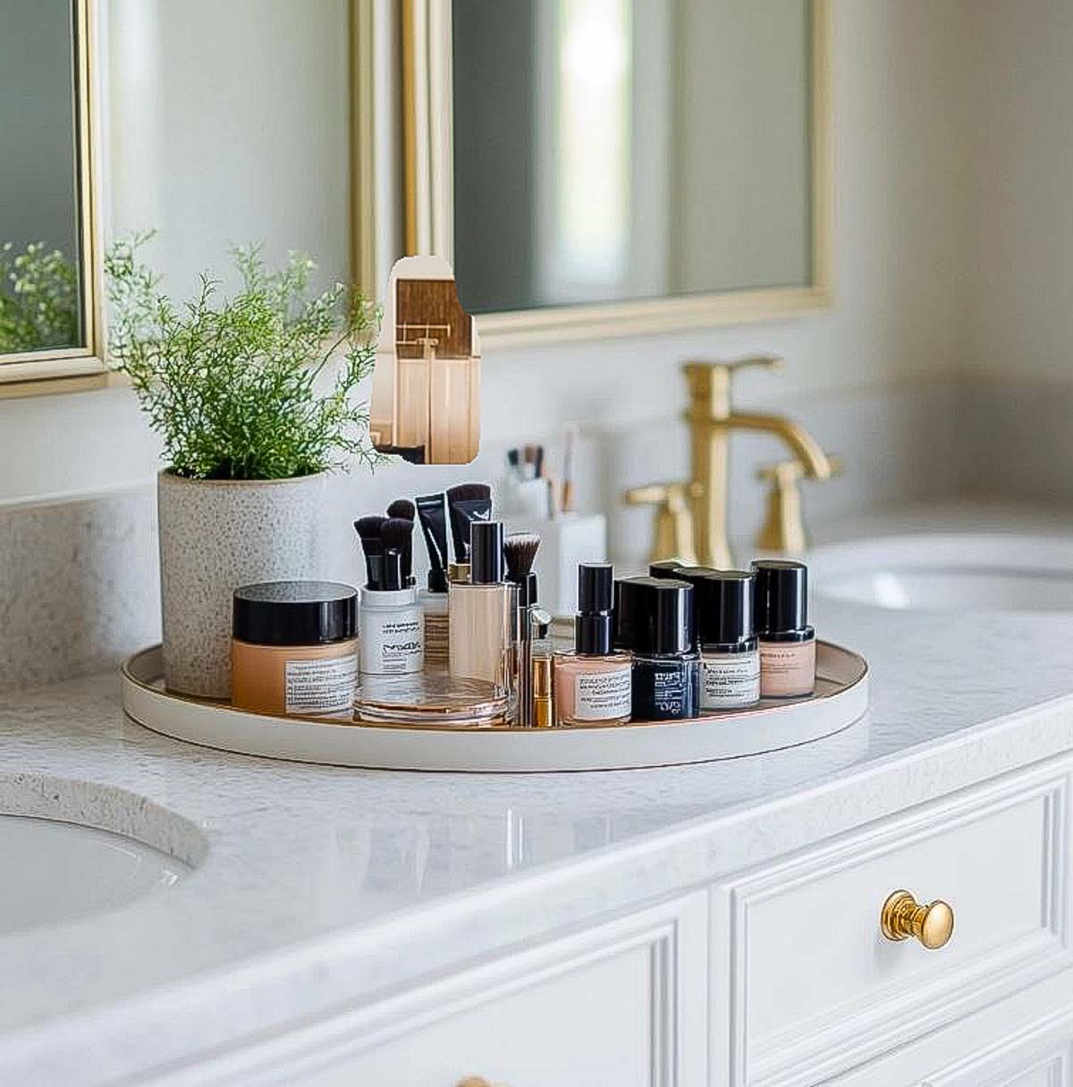 a round tray on a white bathroom vanity holding a variety of makeup and a small plant