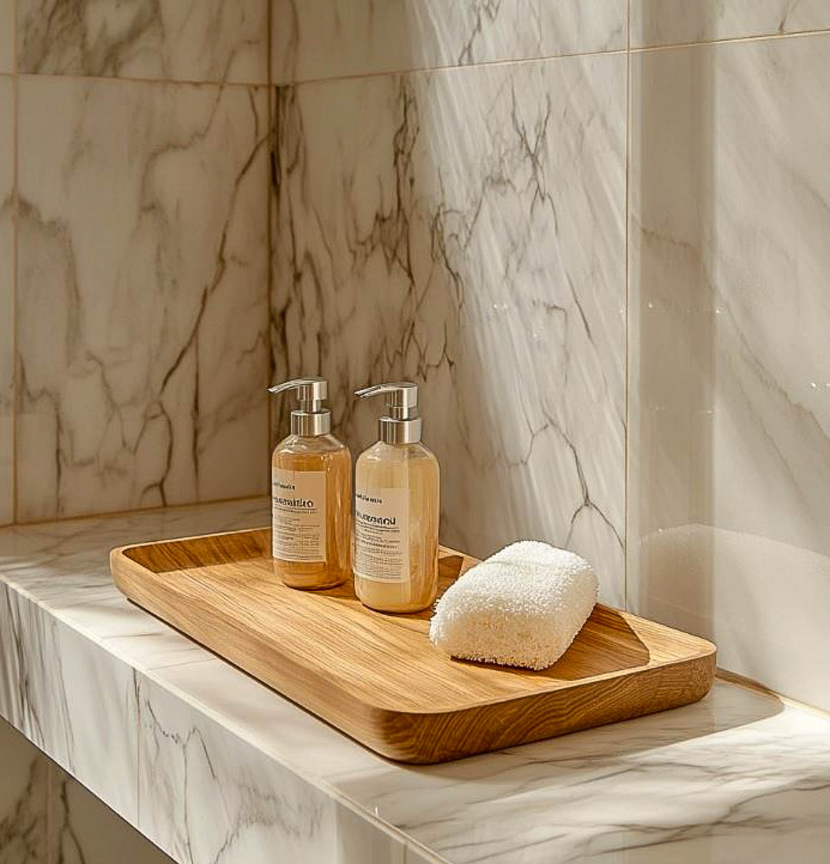 wood tray holding shampoo bottles and a loofa on a bench in a marble tiled shower