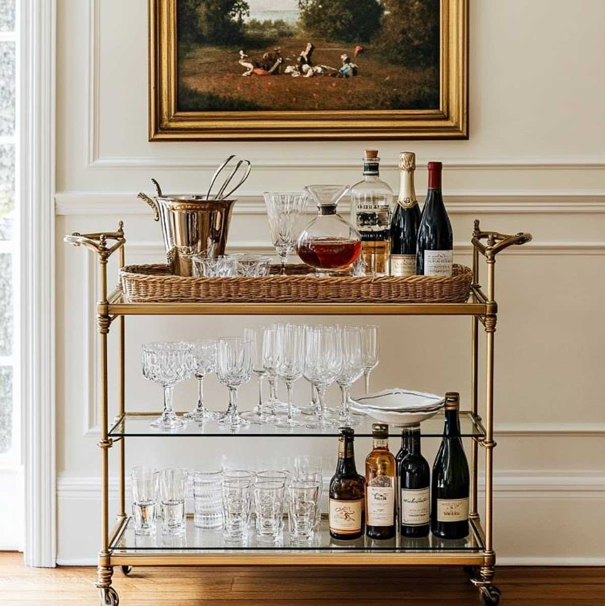 brass bar cart holding wine and bar cart accessories with glass shelves against a white wall