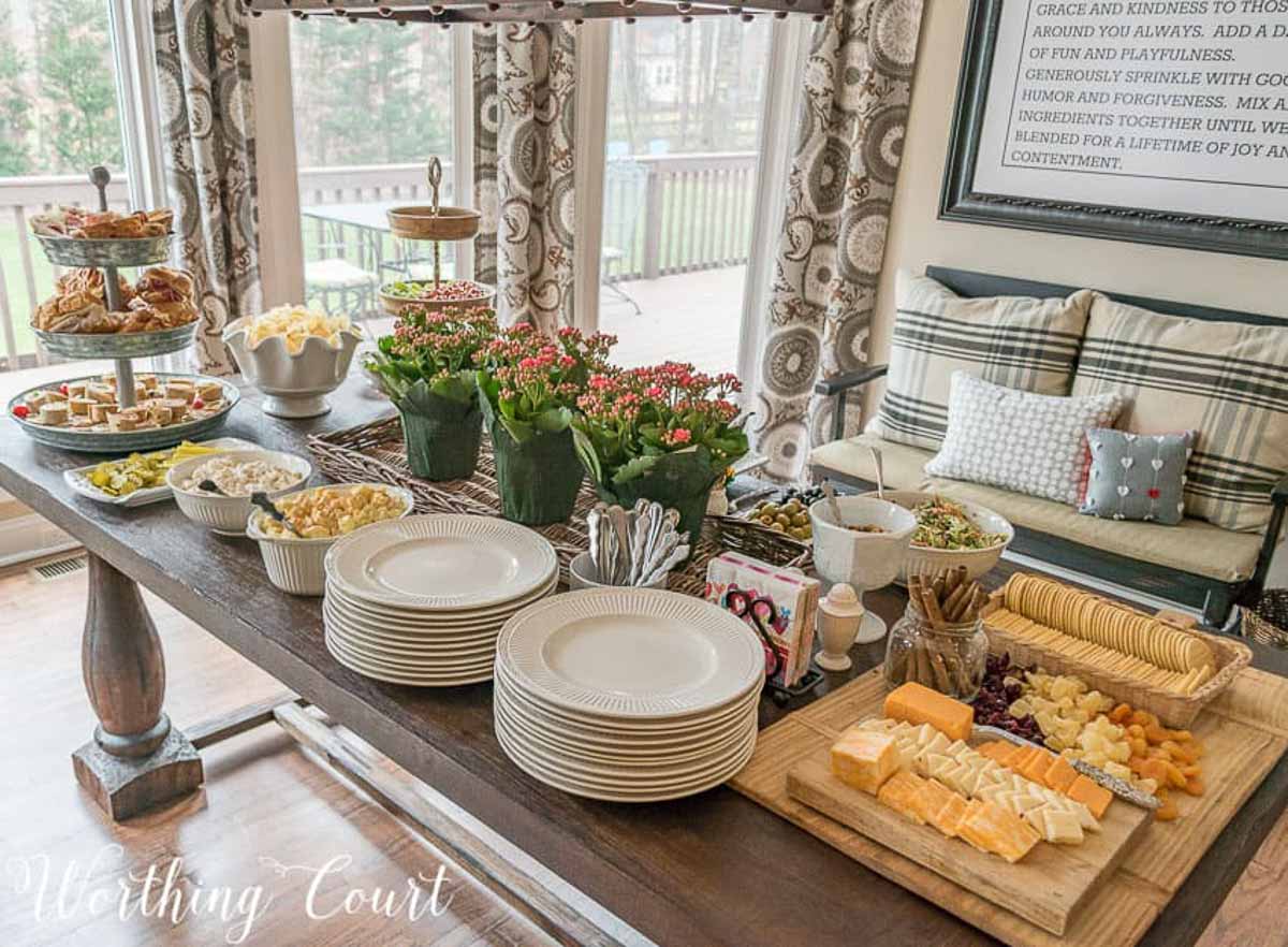 after wedding buffet set up on a rectangular wood table