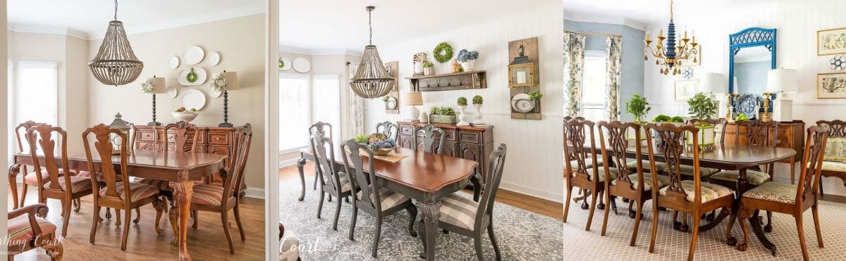 three pictures of dining room design changes over 10 years