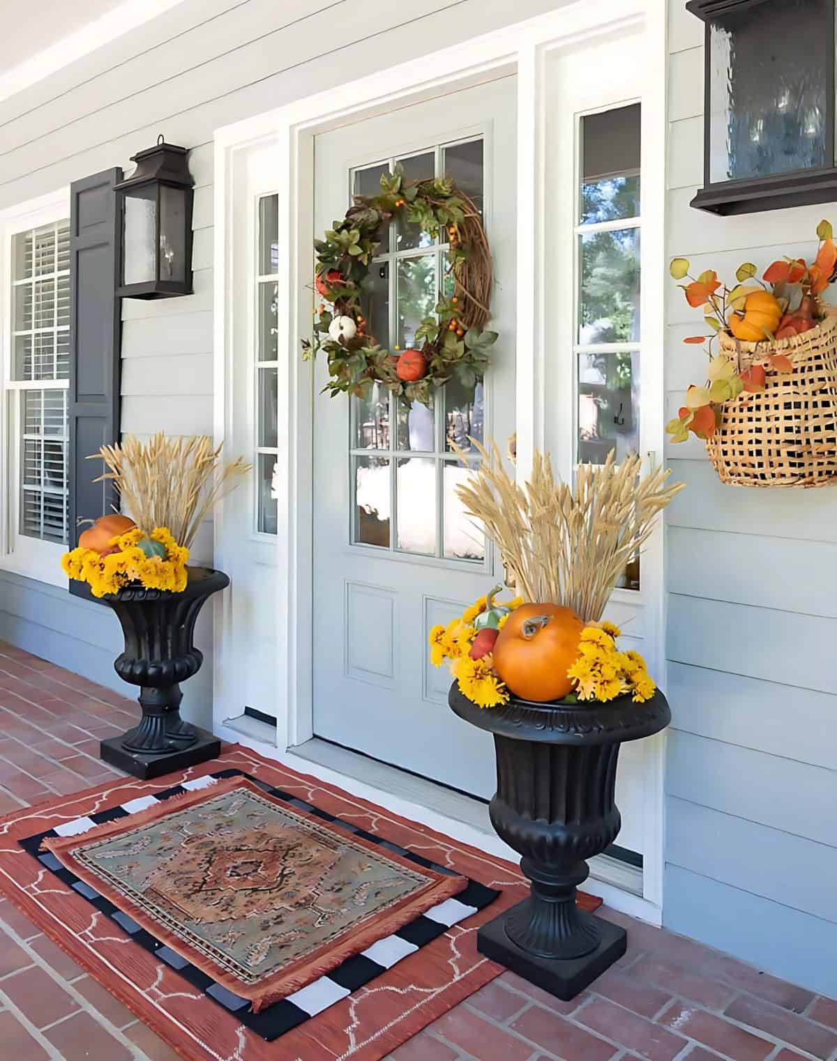 front porch decorated for fall with layered doormats, fall planters and a fall wreath on a gray front door