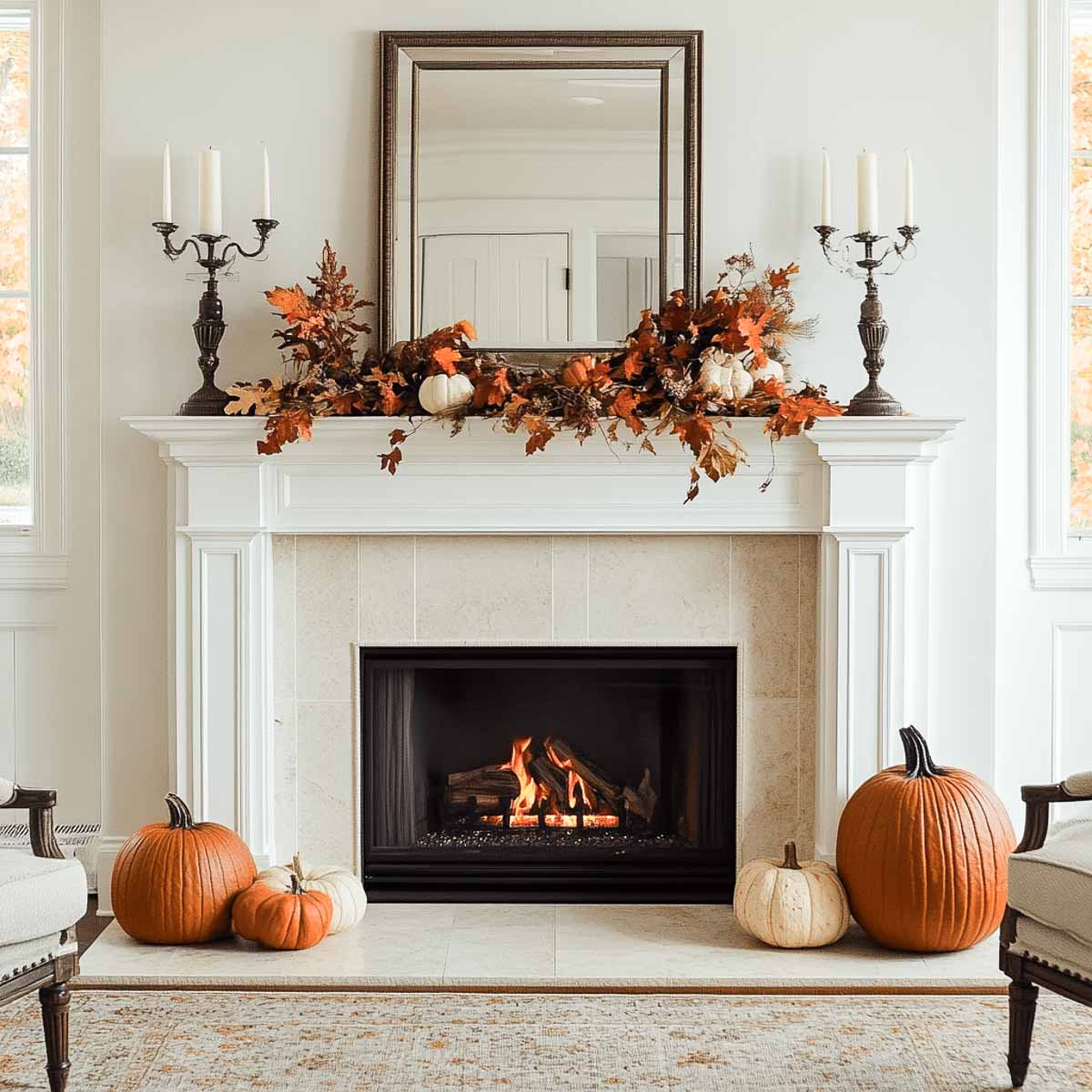 fireplace with white surround decorated for fall