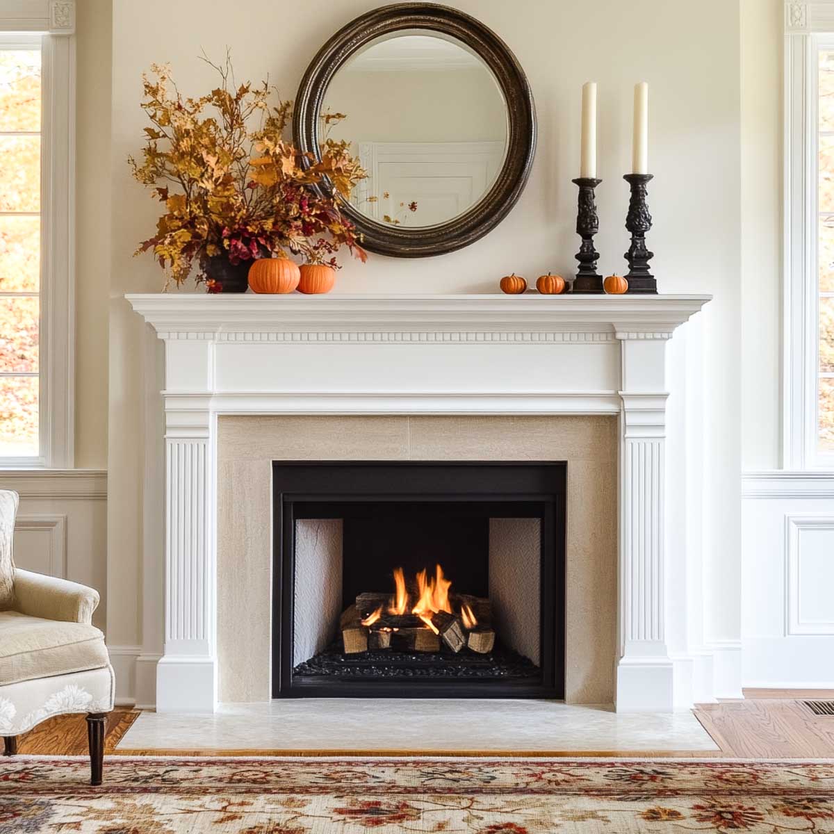 fireplace with white surround decorated for fall