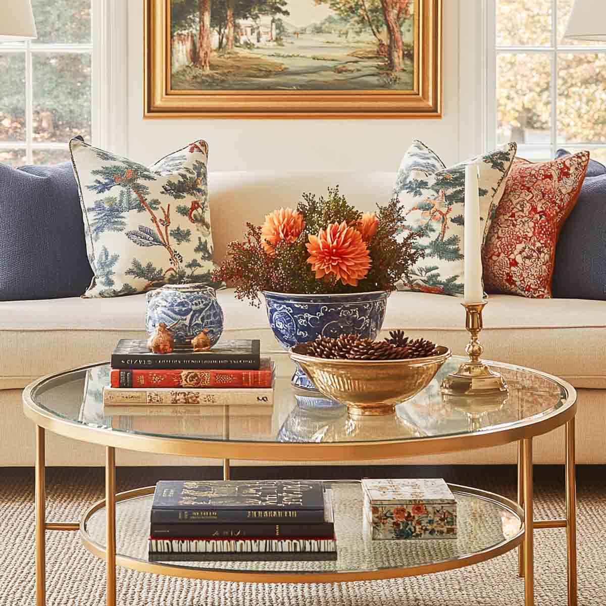 glass and brass coffee table in front of a neutral sofa decorated for fall