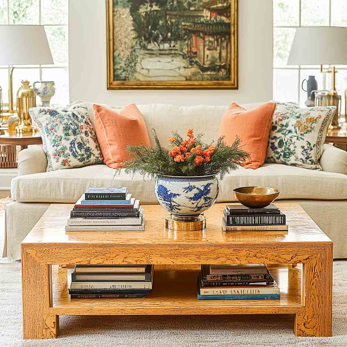 wood coffee table in front of a neutral sofa decorated for fall