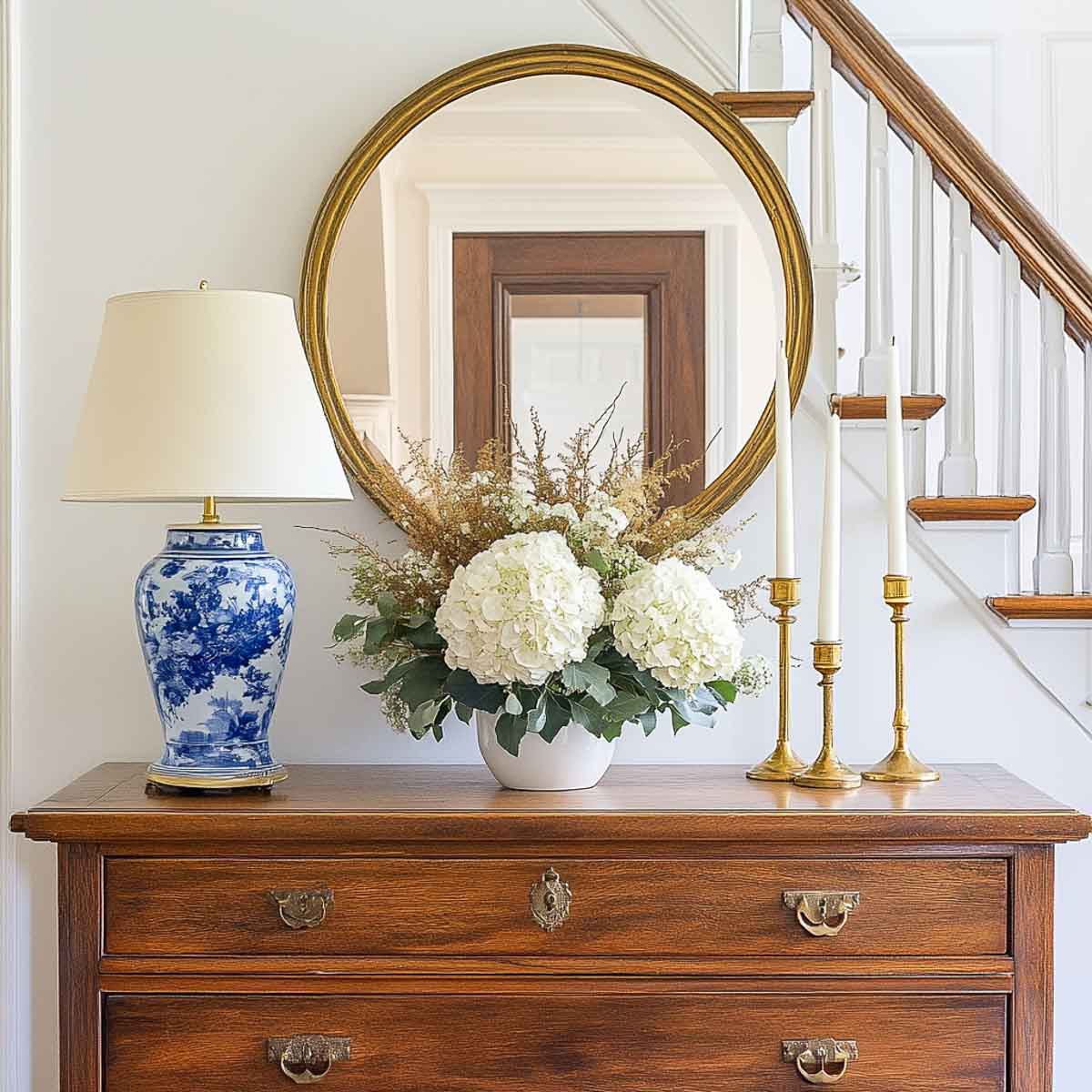 foyer console table with a round mirror above, a blue and white lamp on one end, brass candlesticks on the other and a floral arrangement in the center