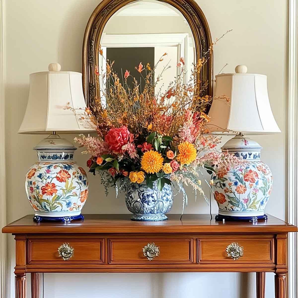 foyer console table with matching lamps on each end and a fall floral arrangement in a vase in the center