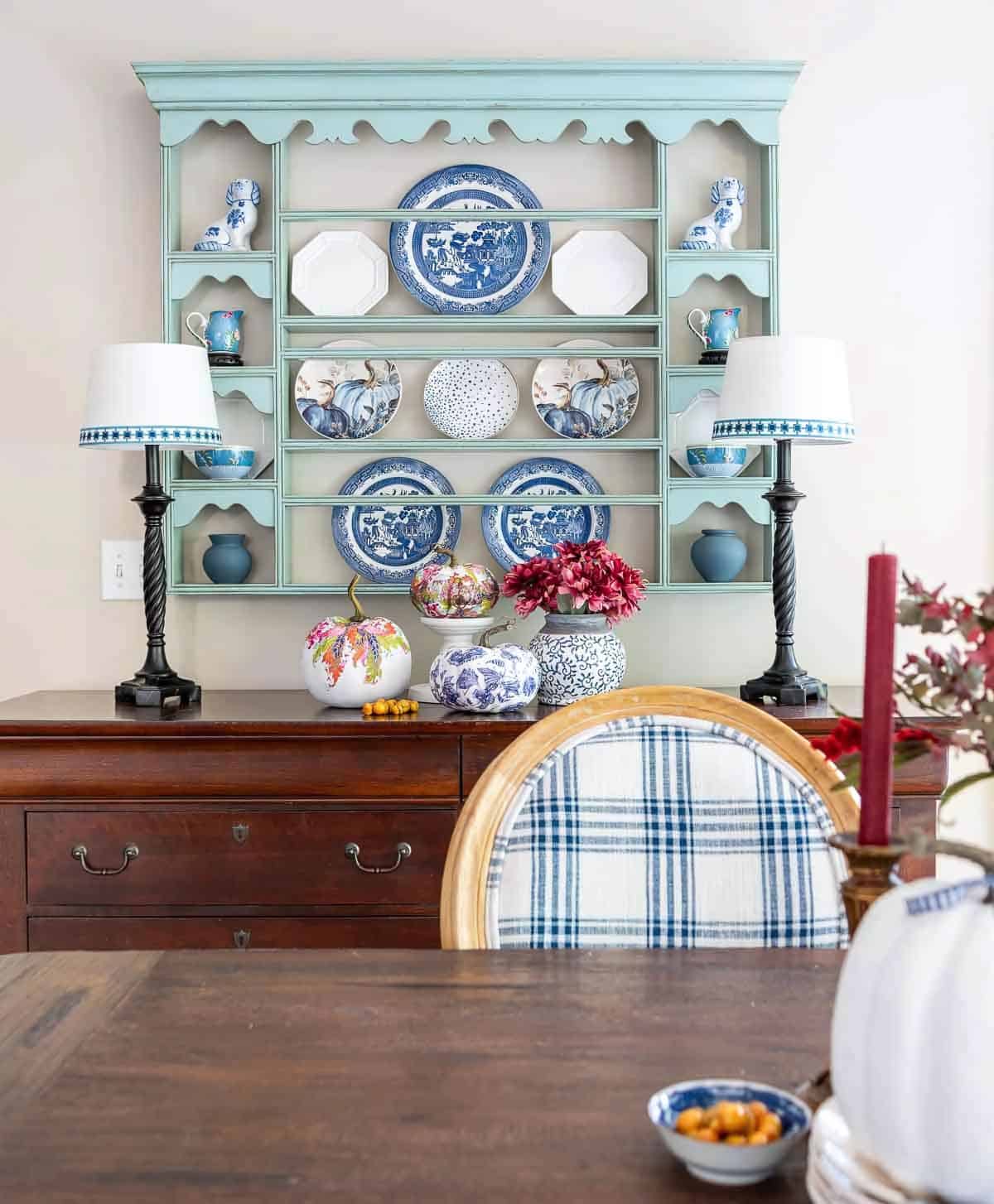 plate rack decorated with blue and white plates