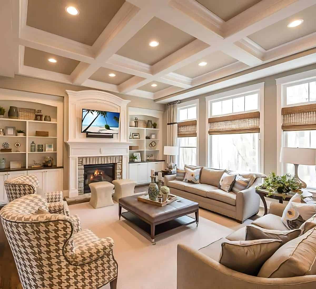 large family room decorated all in neutrals with a wall of windows on one side