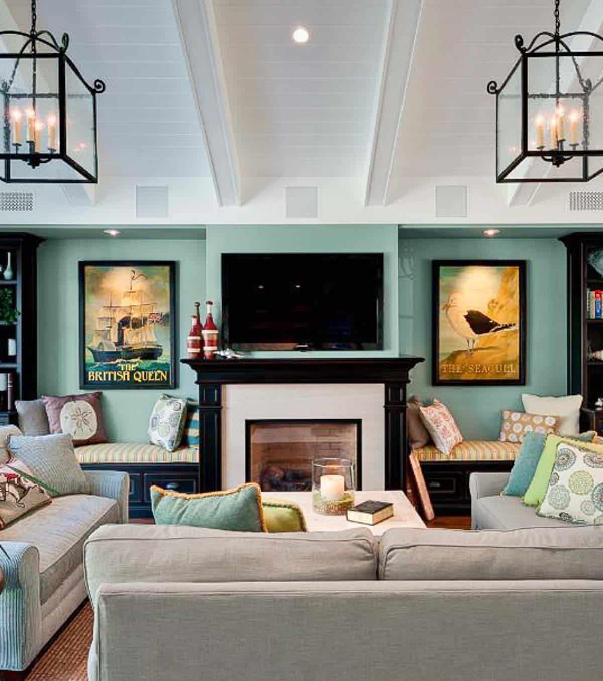 family room decorated with neutral furniture and aqua painted walls