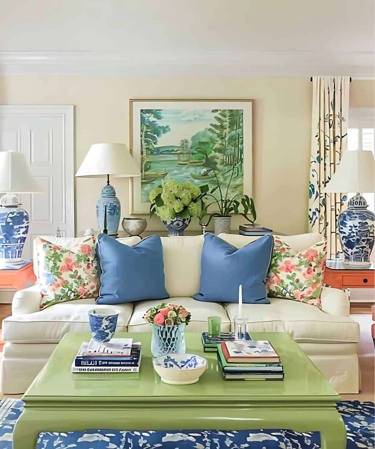 neutral furnishings in a family room with pops of color